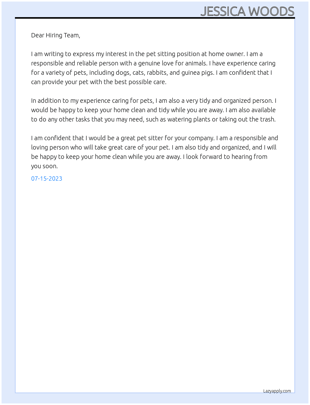 pet sitting At home owner Cover Letter