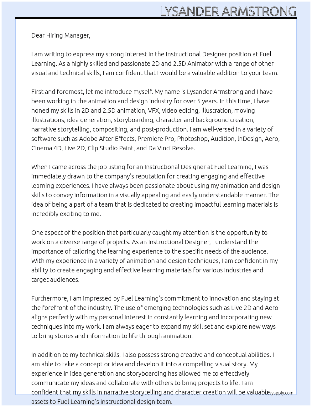 Instructional Designer At Fuel Learning  Cover Letter