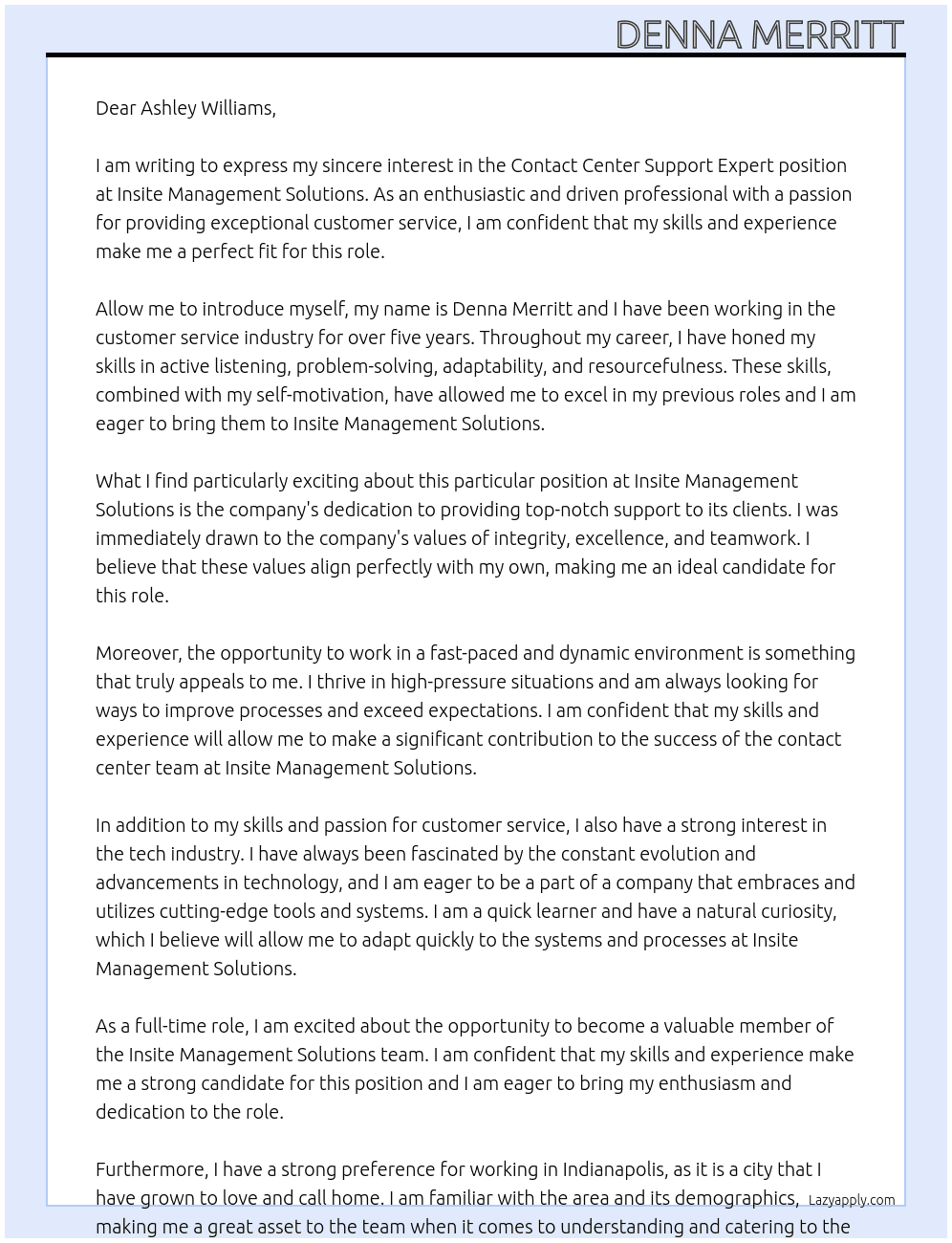 Contact Center Support Expert At Insite Management Solutions Cover Letter