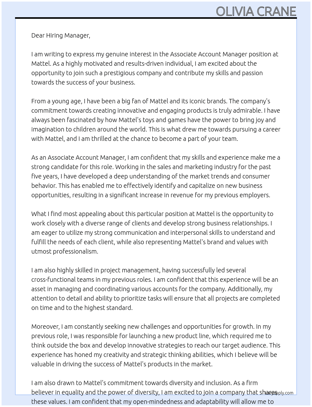 Associate Account Manager At Mattel Cover Letter