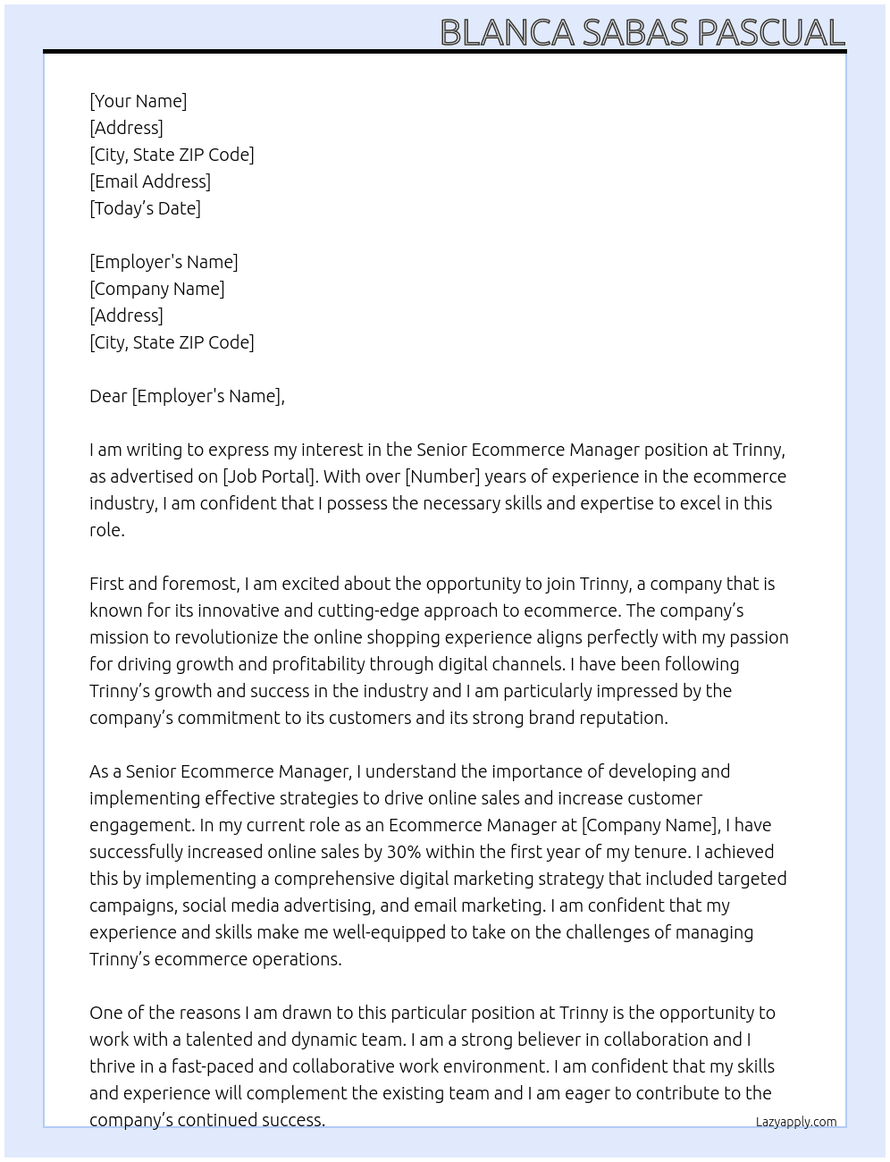 Senior Ecommerce Manager At Trinny Cover Letter