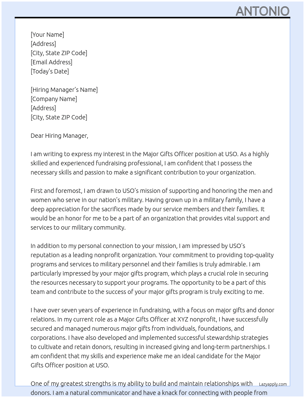 Major Gifts Officer At USO Cover Letter