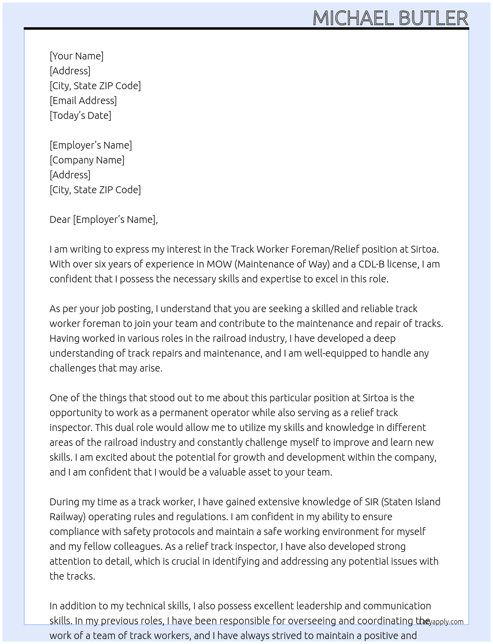Cover letter for track worker foreman / relief - LazyApply