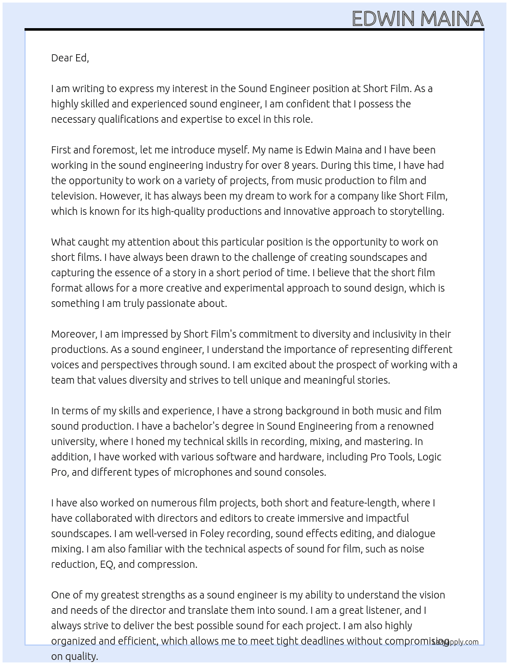 Sound Engineer At Short Film Cover Letter