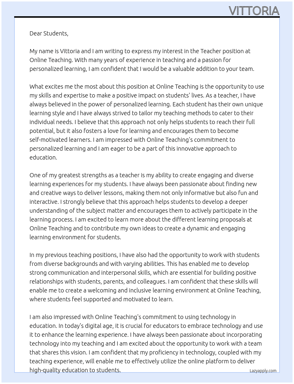 Teacher At Online teaching Cover Letter