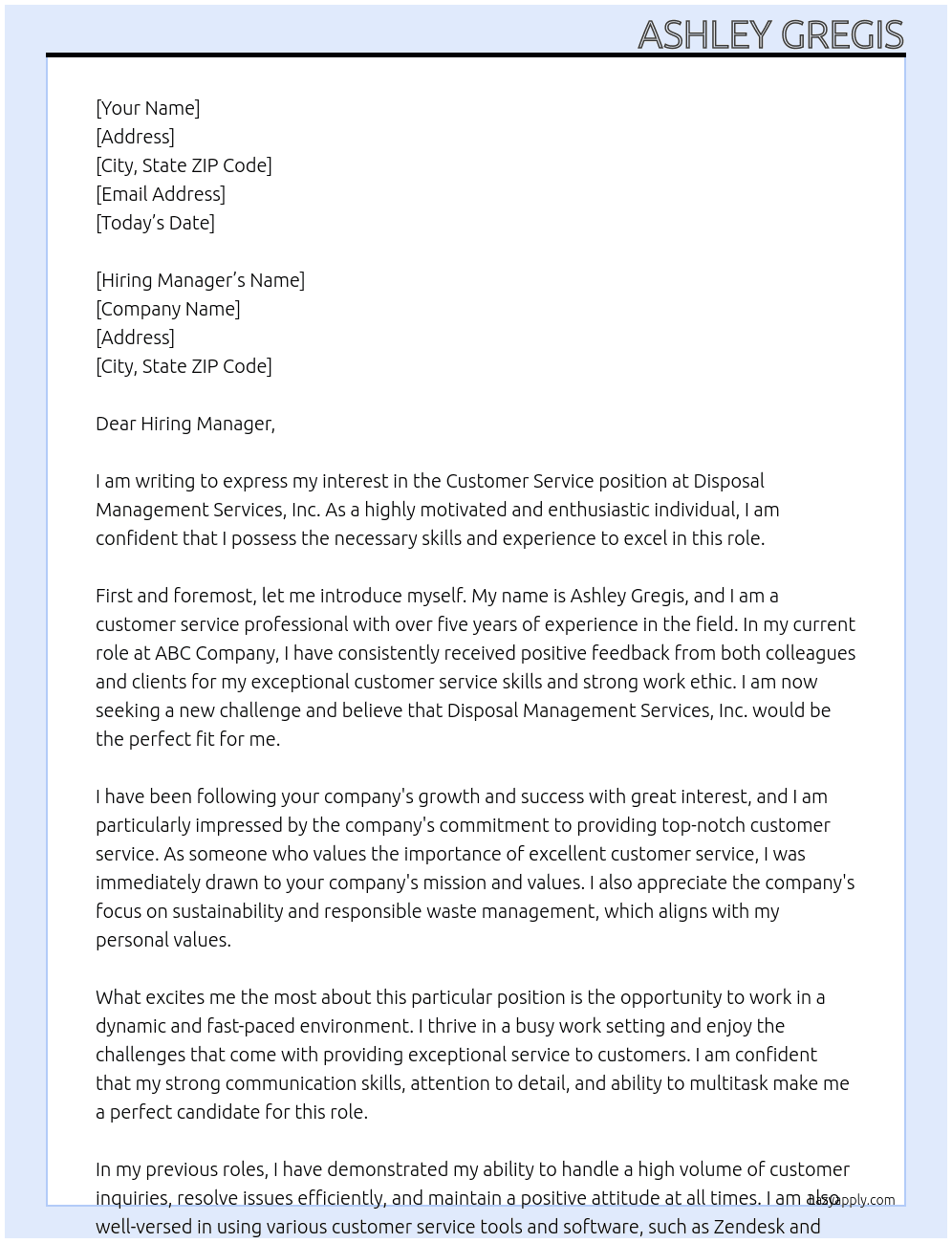 Customer Service At Disposal Management Services, Inc. Cover Letter