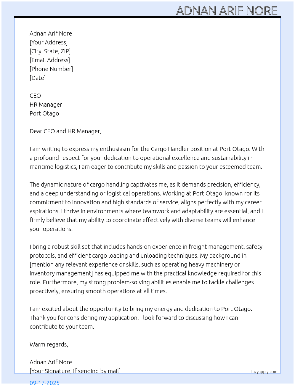 Cargo handler  At Port Otago Cover Letter