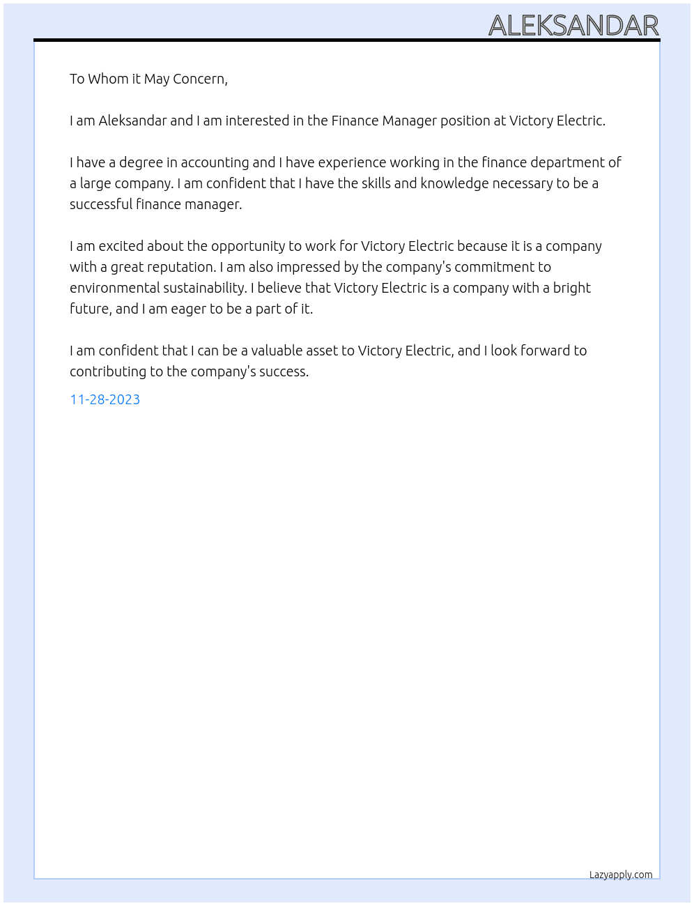 Finance Manager At Victory Electric Cover Letter