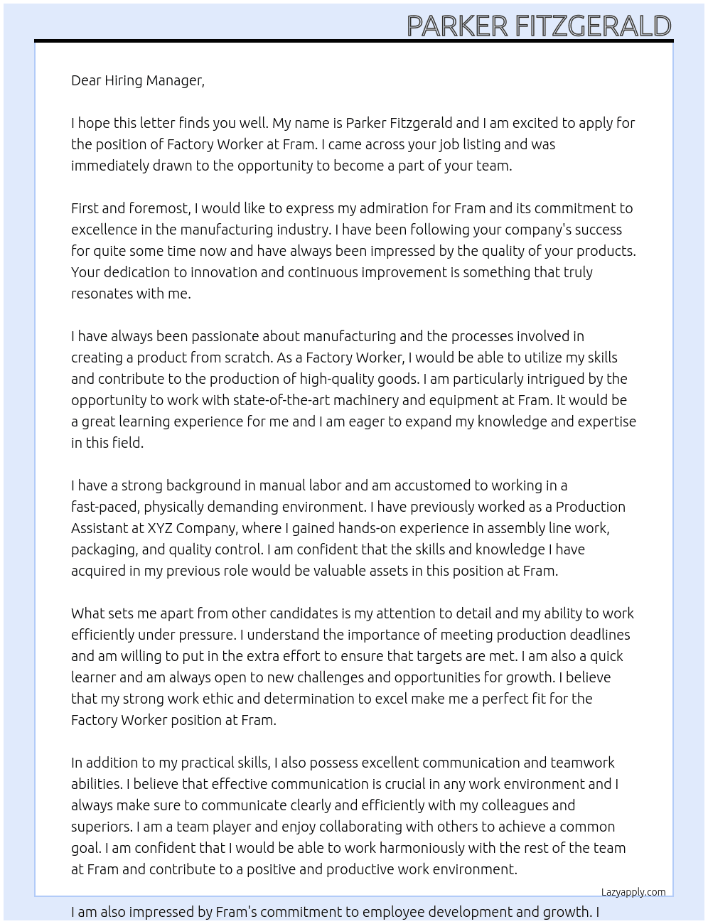 Factory Worker At Fram Cover Letter