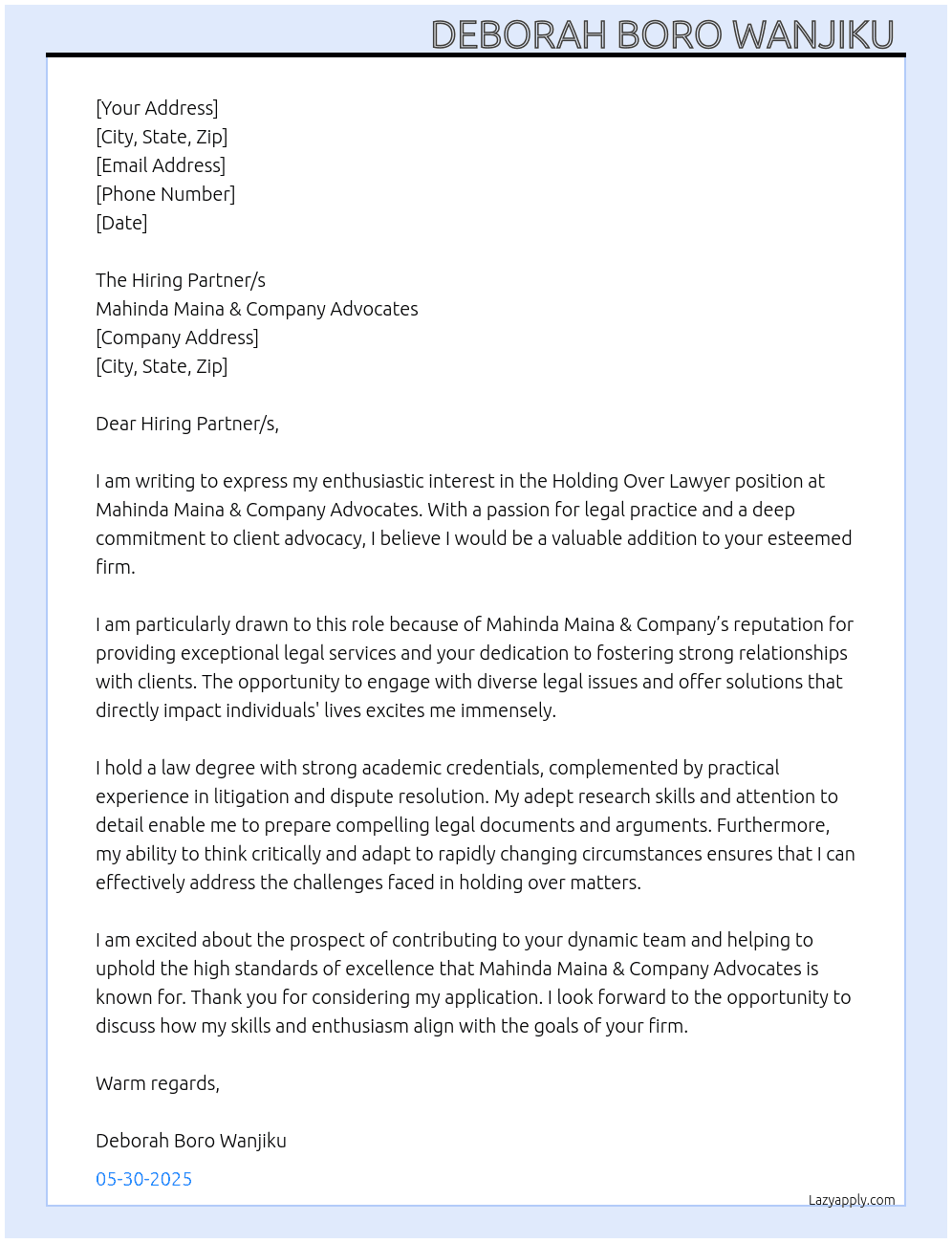 Holding Over Lawyer  At Mahinda Maina & Company Advocates  Cover Letter