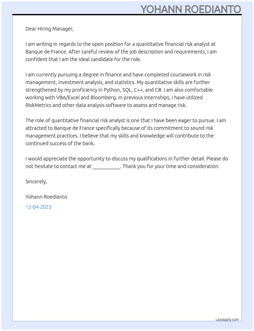 QUANTITATIVE FINANCIAL RISK ANALYST At Banque de France Cover Letter