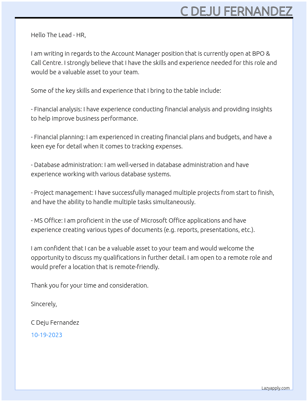 Account Manager At BPO & Call Centre Cover Letter