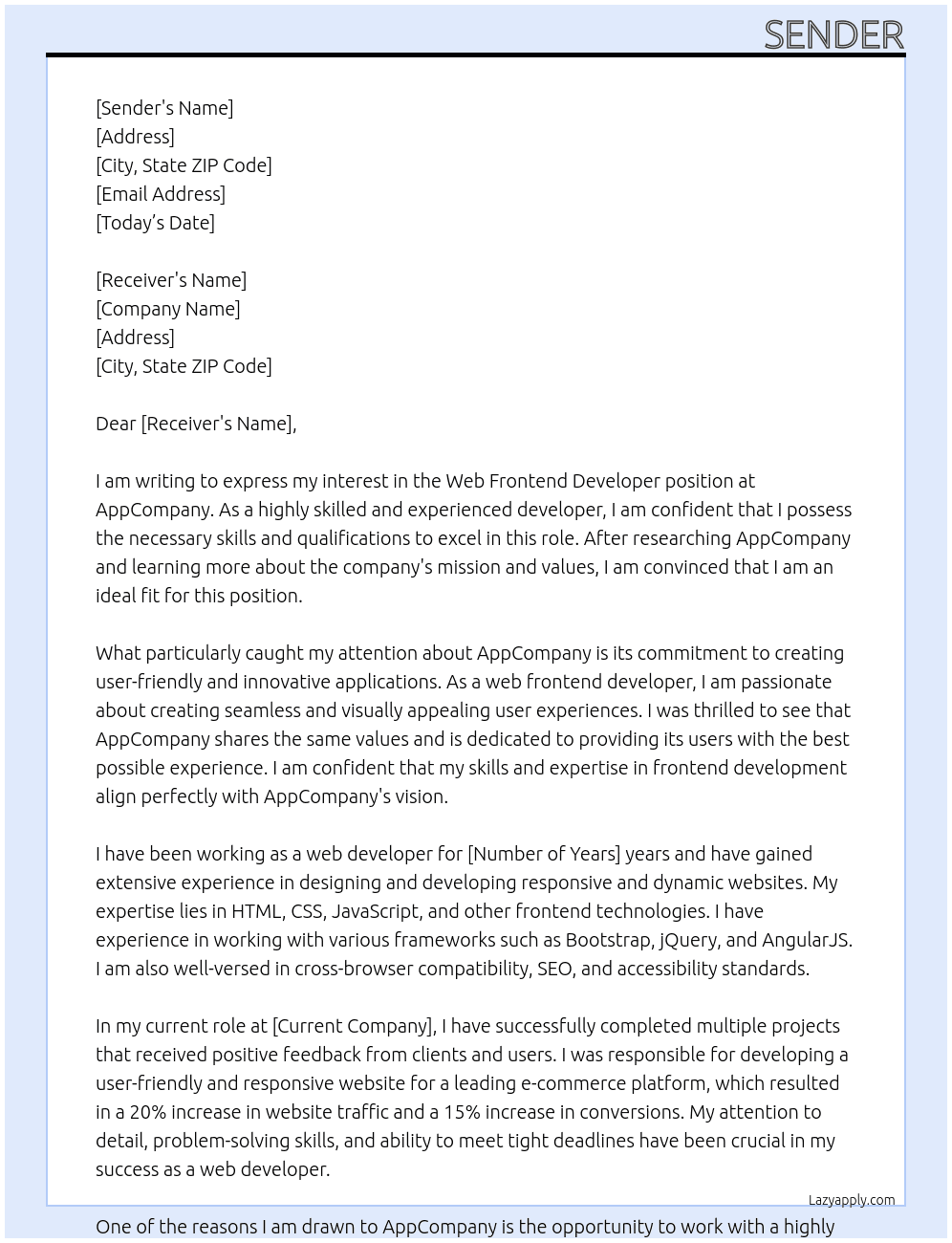 Web Frontend Developer At AppCompany Cover Letter