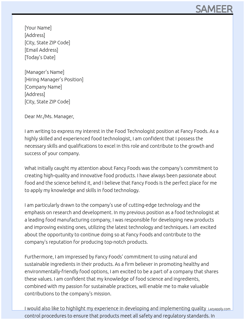 food technologist At Fancy foods Cover Letter