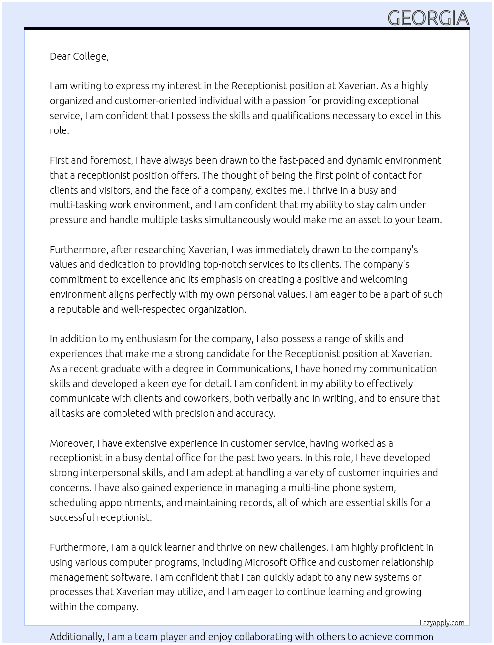 Receptionist  At Xaverian  Cover Letter