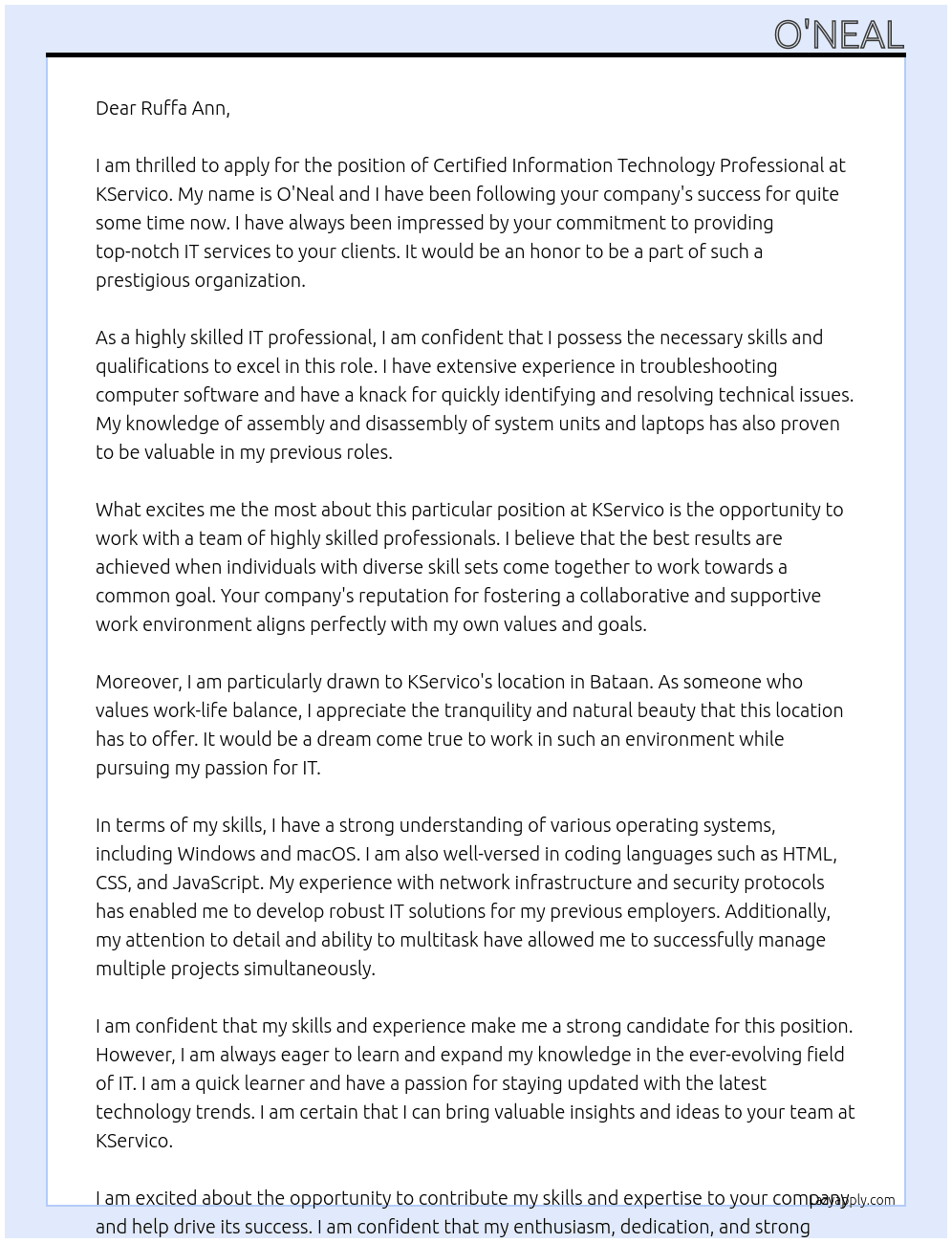 Certified Information Technology Professional At KServico Cover Letter