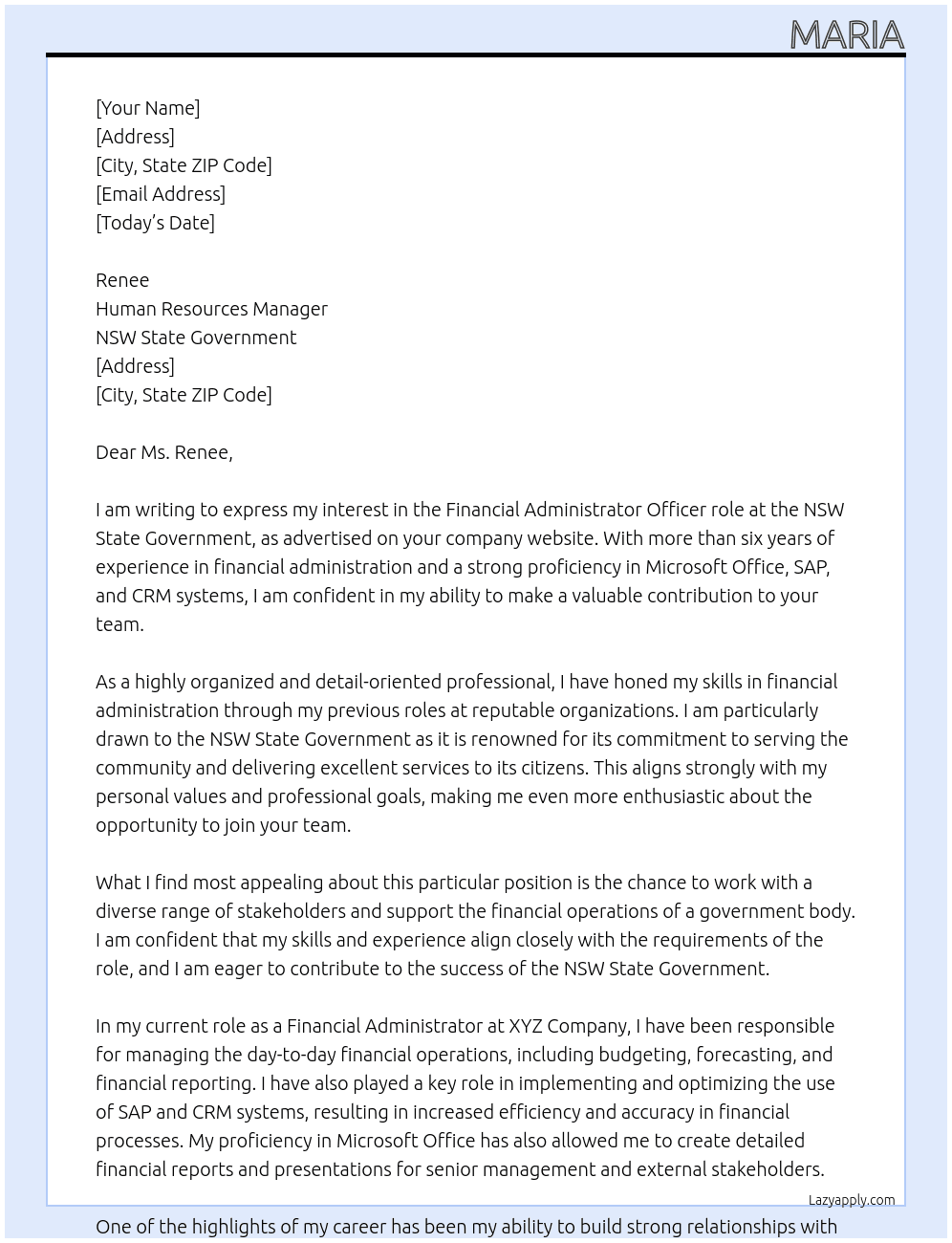 Financial Administrator Officer At NSW State Government Cover Letter