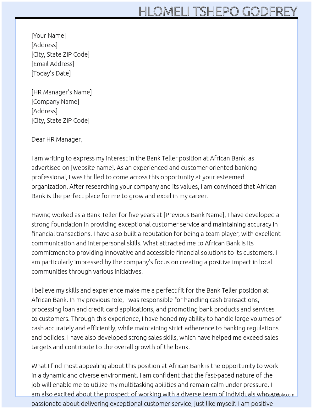 Bank telller At African bank Cover Letter