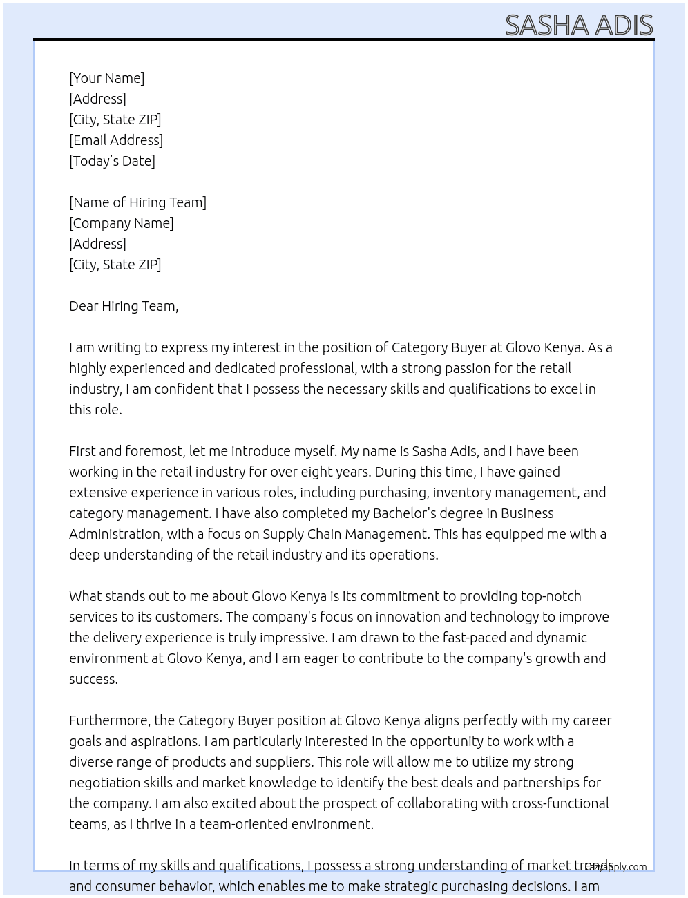 cateory buyer At glovo kenya Cover Letter