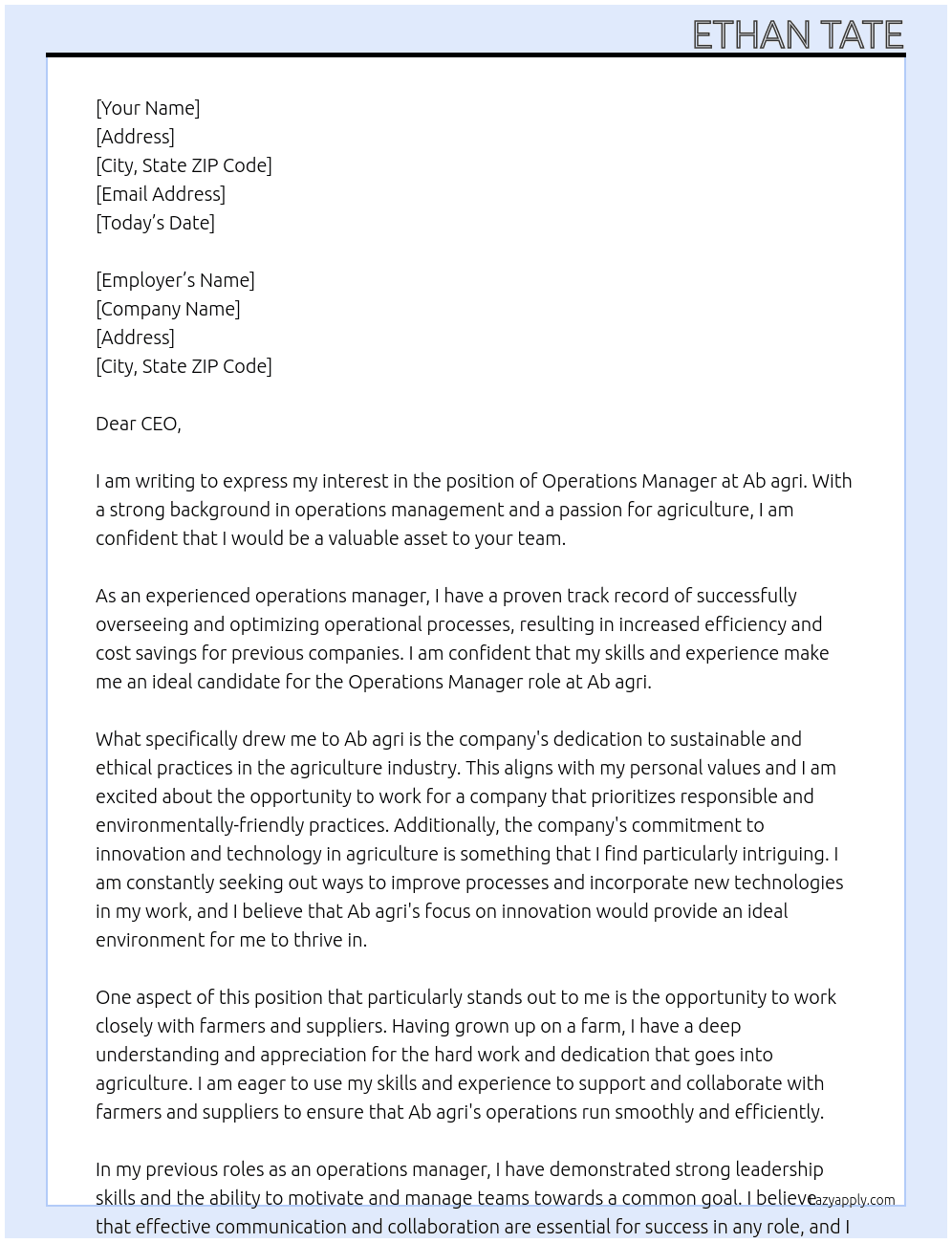Operations manager  At Ab agri Cover Letter