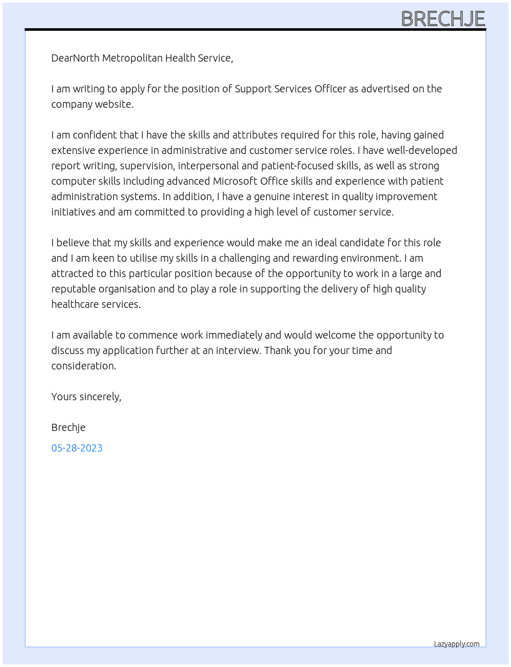 Support Services Officer At North Metropolitan Health Service Cover Letter