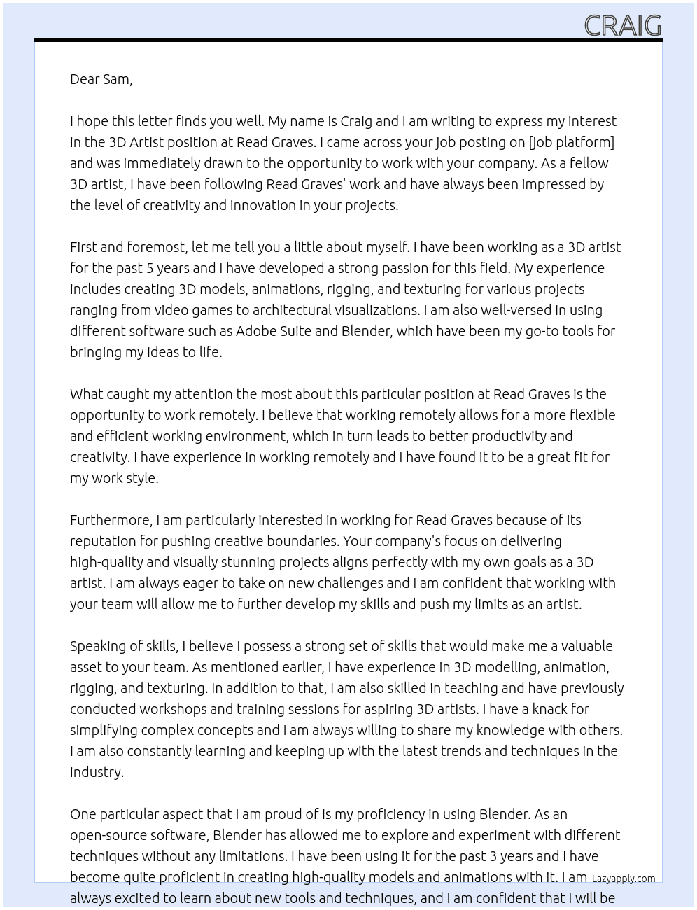 3D Artist At Read Graves Cover Letter