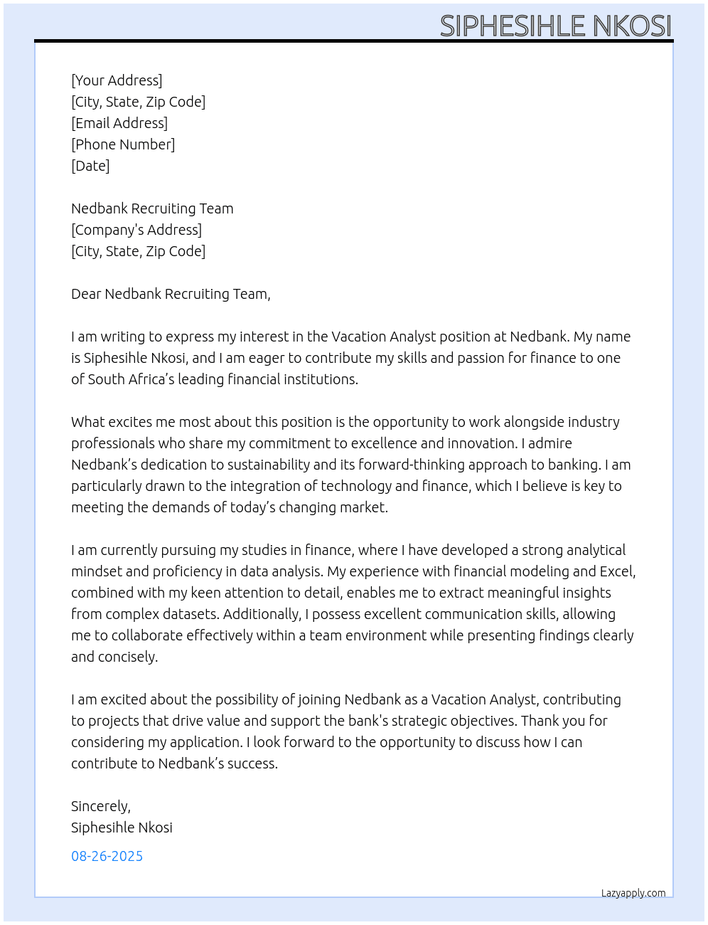 Cover letter for vacation analyst - LazyApply