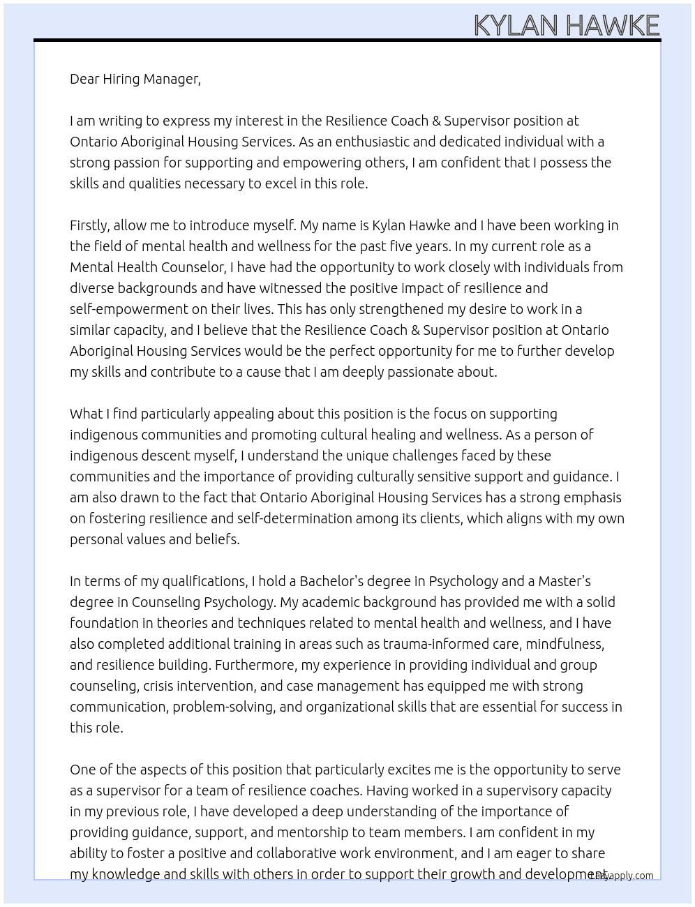 Resilience Coach & Supervisor At Ontario Aboriginal Housing Services Cover Letter