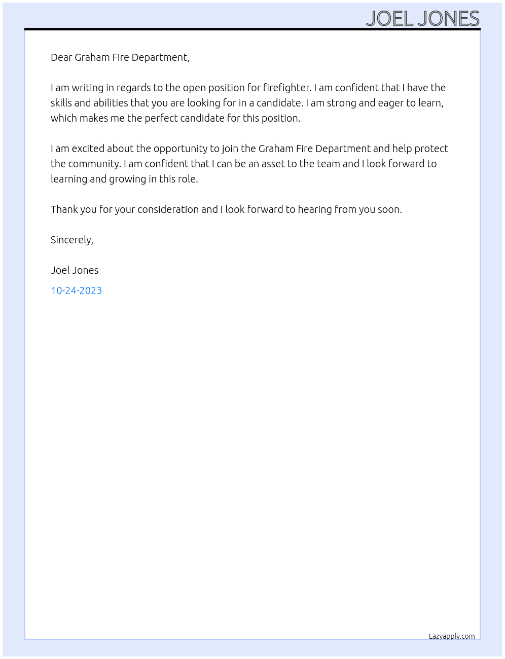 Firefighter At Graham Fire Department Cover Letter