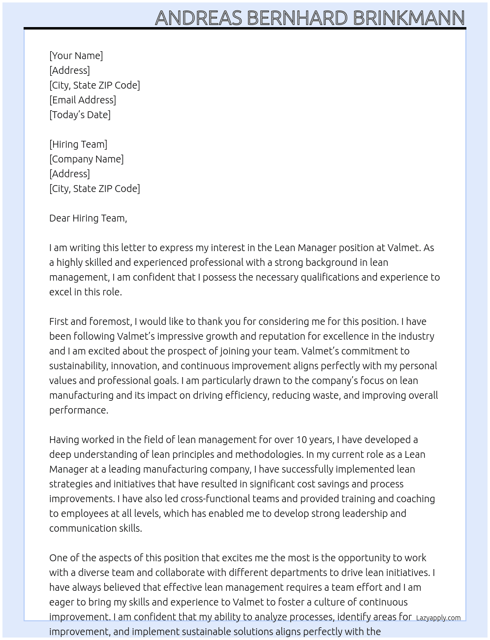 Lean Manager At Valmet Cover Letter