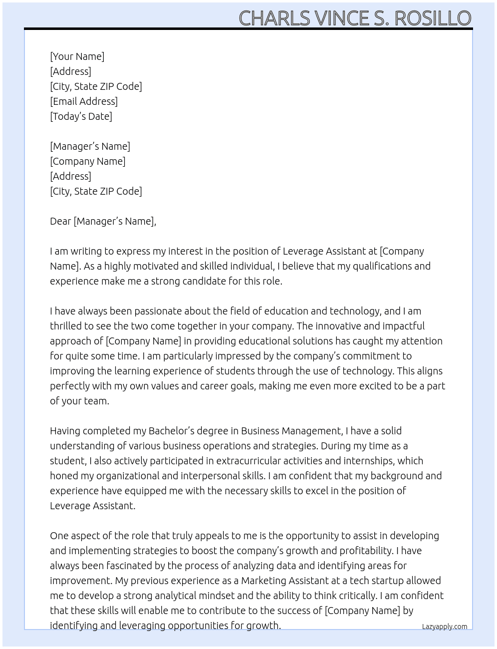 leverage assistant At ed tech company Cover Letter