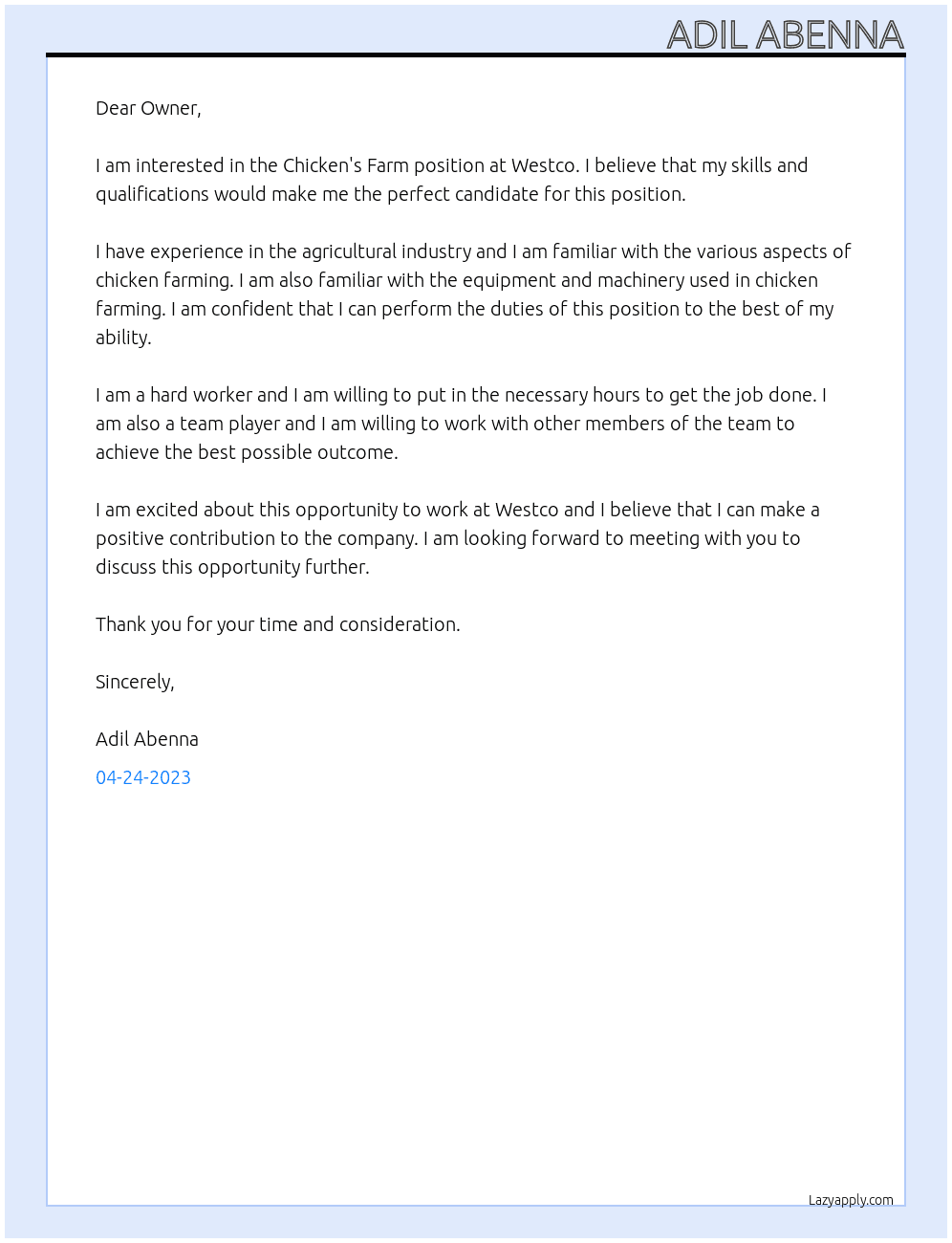 Chicken's Farm At Westco Cover Letter
