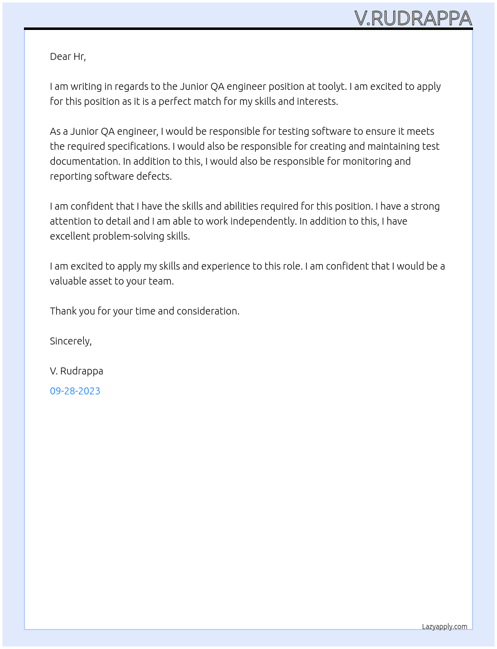 Junior QA engineer At toolyt Cover Letter
