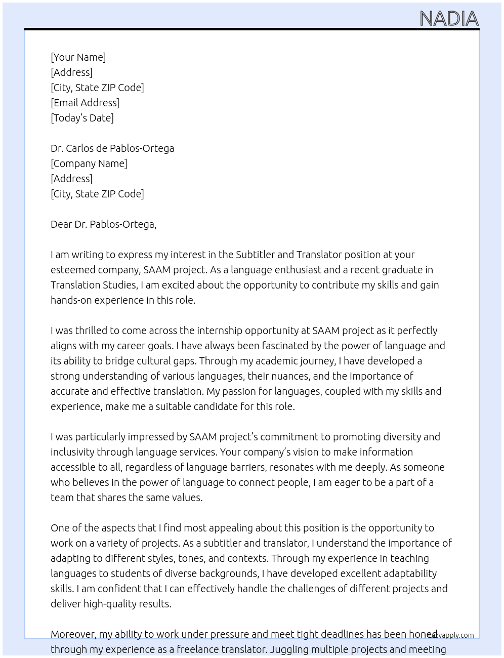 subtitler and translator At SAAM project Cover Letter