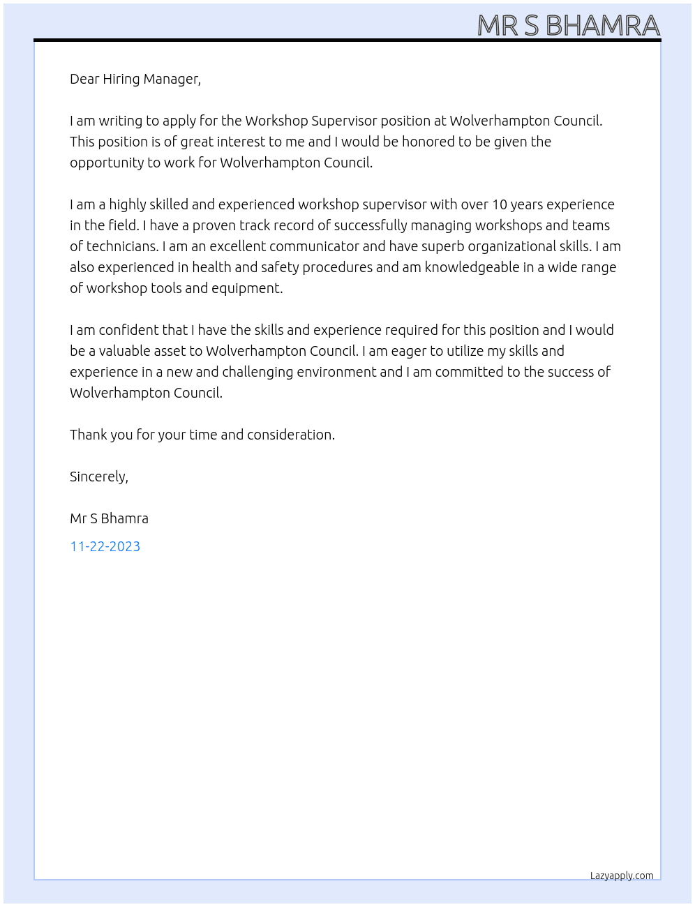 Workshop Supervisor At Wolverhampton Council Cover Letter