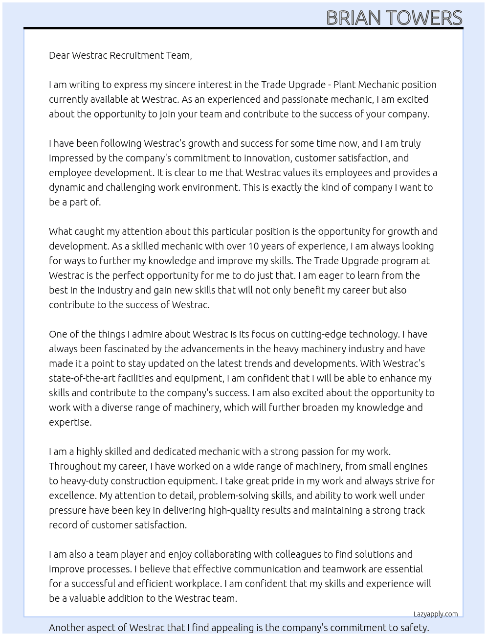 Trade Upgrade - Plant Mechanic At Westrac Cover Letter
