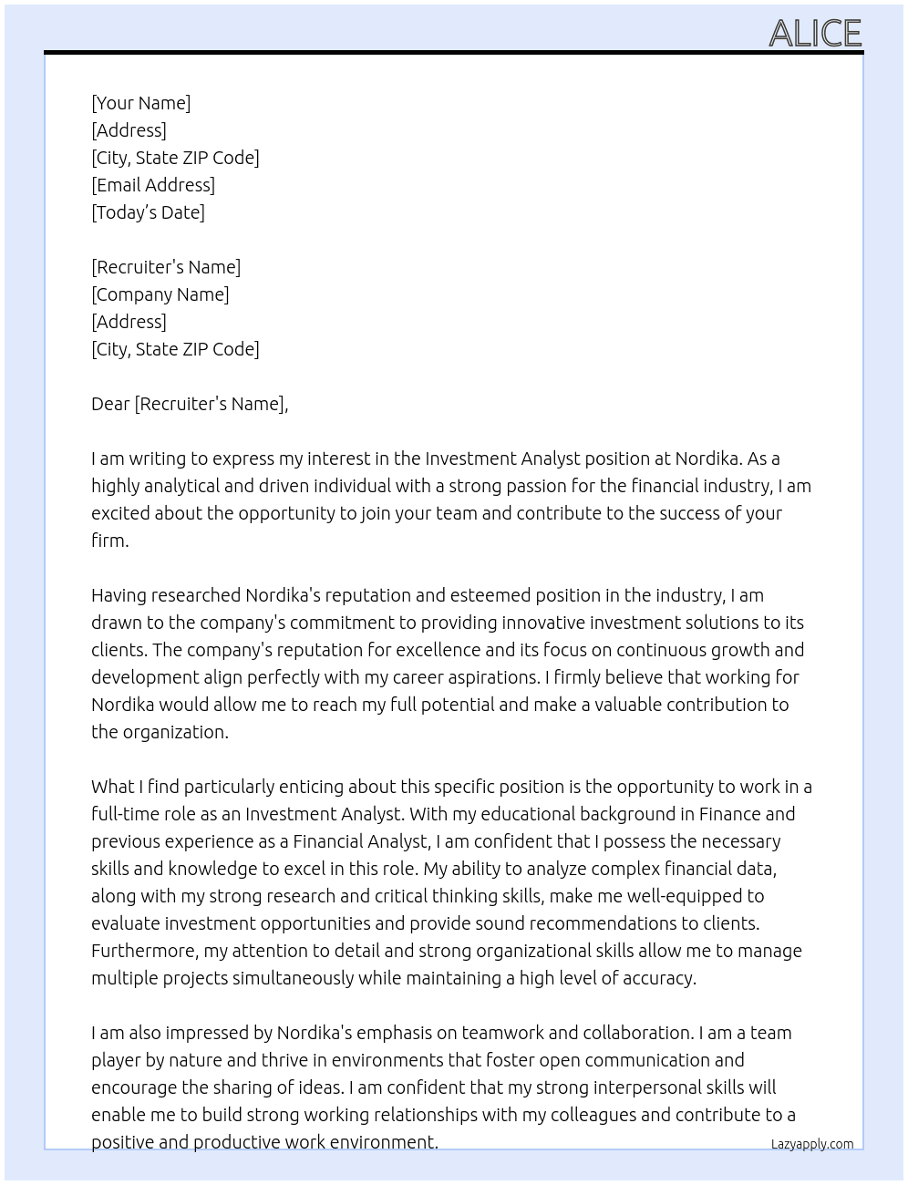 Investment Analyst At Nordika Cover Letter