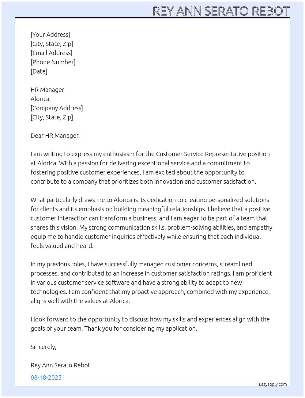 Customer Service Representative At Alorica Cover Letter