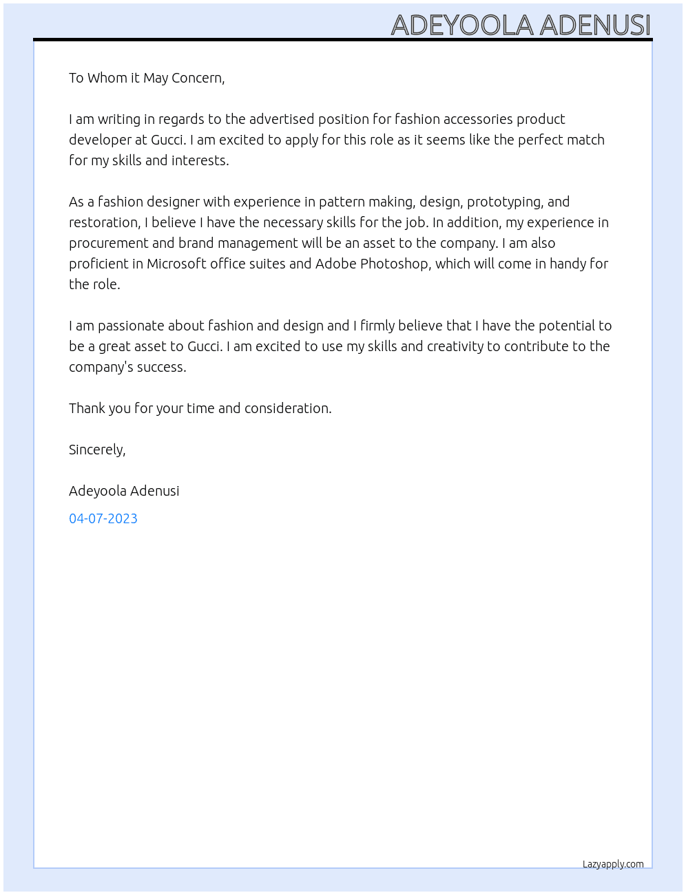fashion accessories product developer At gucci Cover Letter
