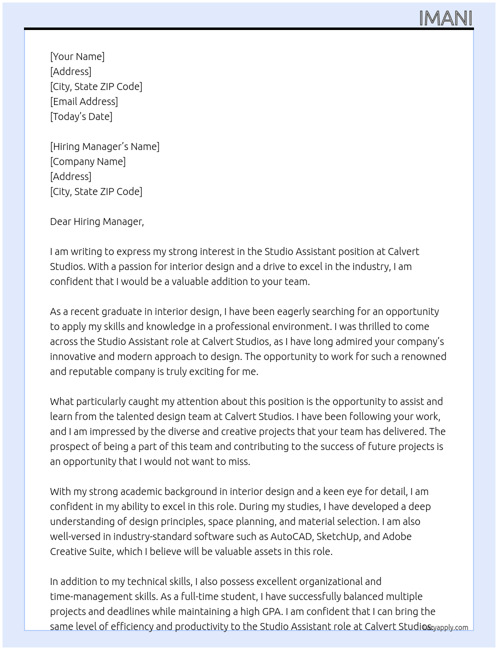 Studio assistant At Calvert studios Cover Letter
