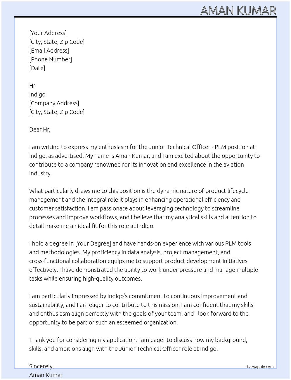 Junior technical officer - PLM At Indigo Cover Letter
