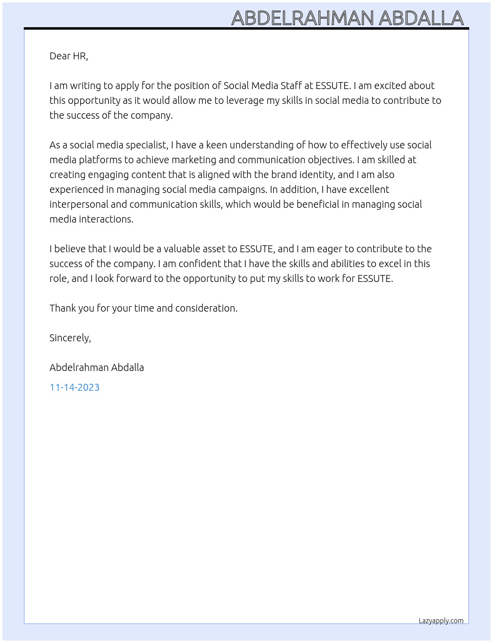 Social media staff  At ESSUTE Cover Letter