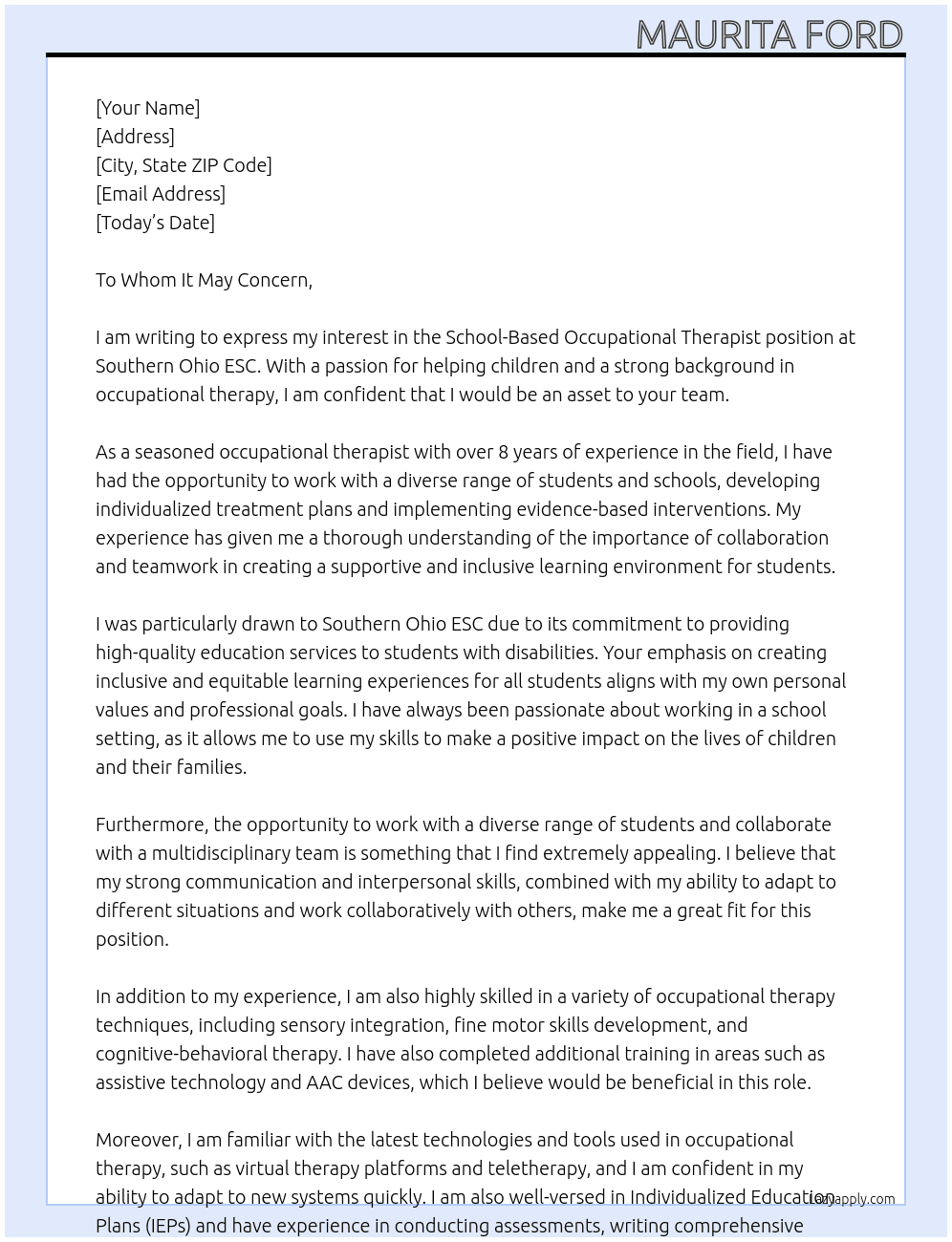 school base occupational therapist At Southern ohio ESC Cover Letter