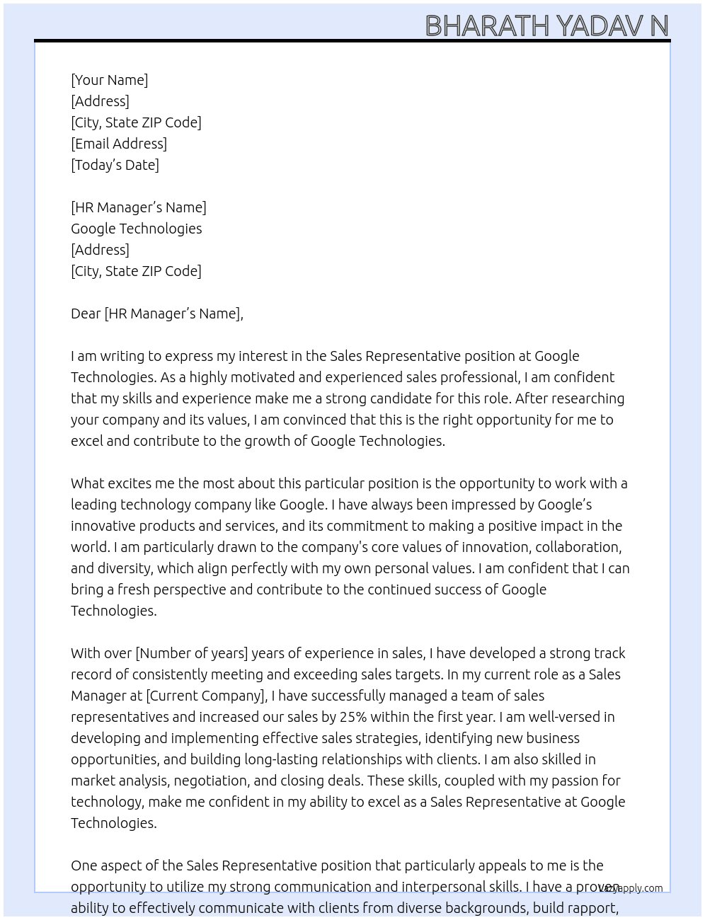 sales representative  At Google technologies  Cover Letter