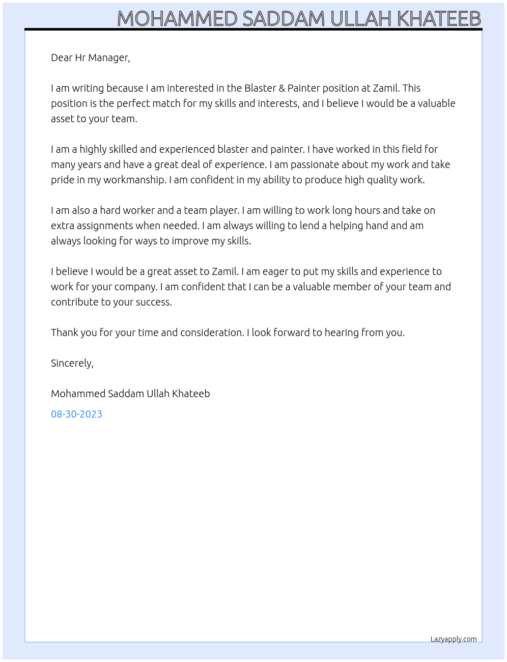 Blaster & Painter At Zamil Cover Letter
