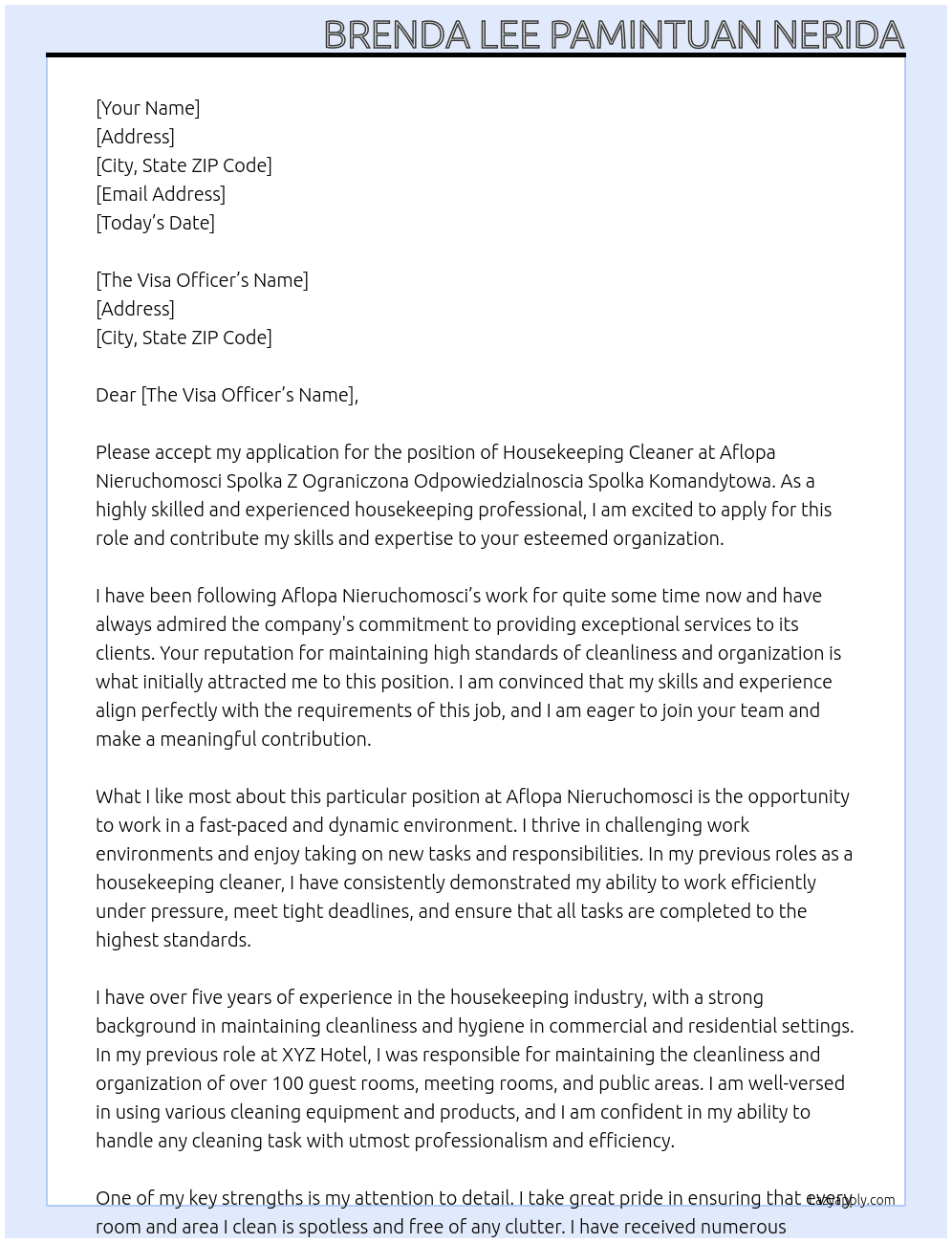 Housekeeping Cleaner At Aflopa Nieruchomosci Spolka Z Ograniczona Odpowiedzialnoscia Spolka Komandytowa Cover Letter