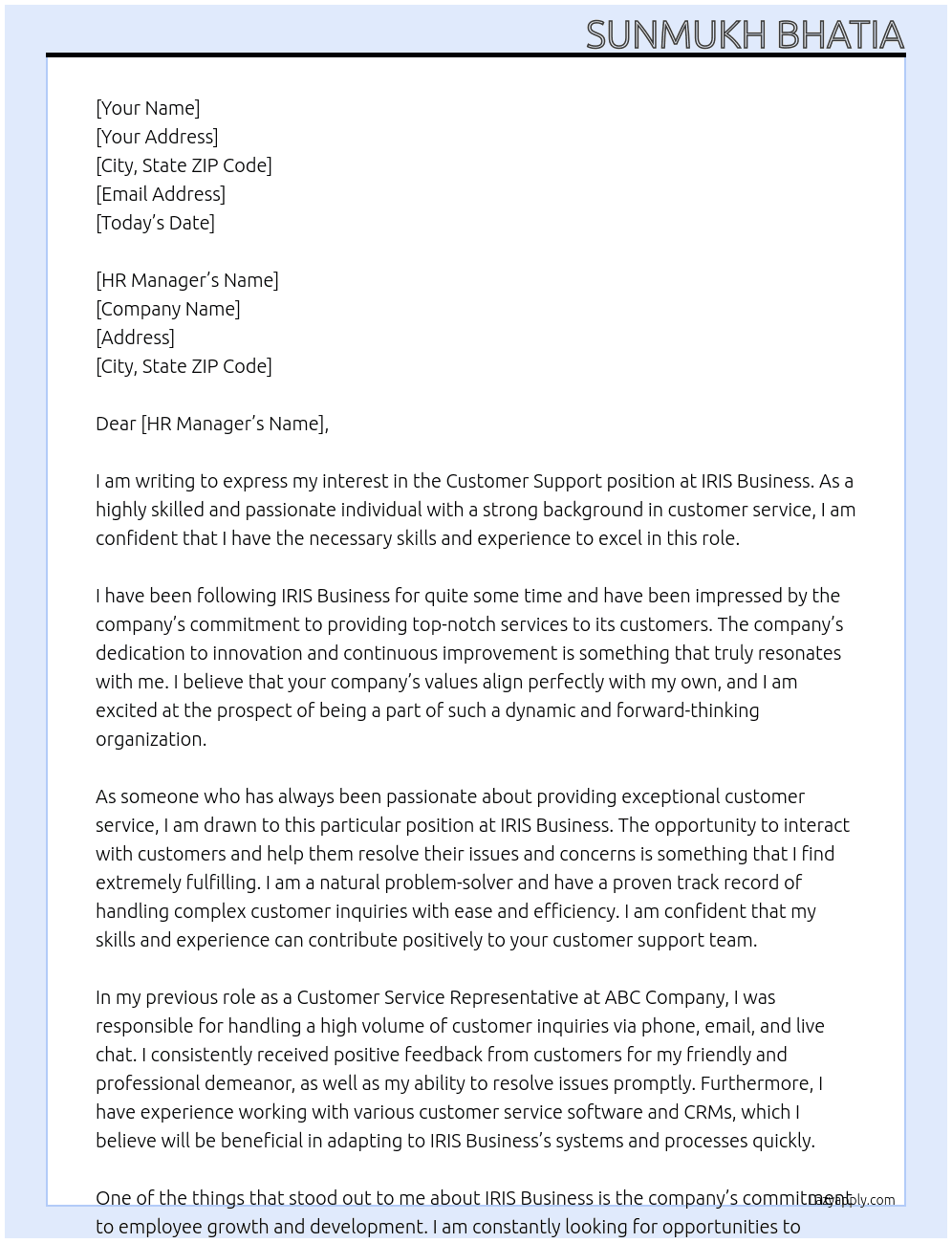 Customer Support At IRIS Business Cover Letter