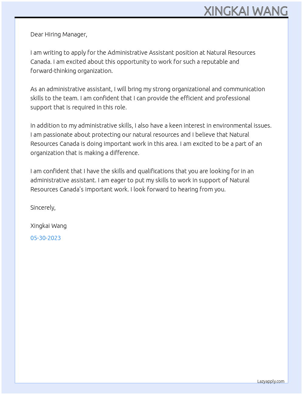 Administrative assistant At Natural Resources Canada Cover Letter