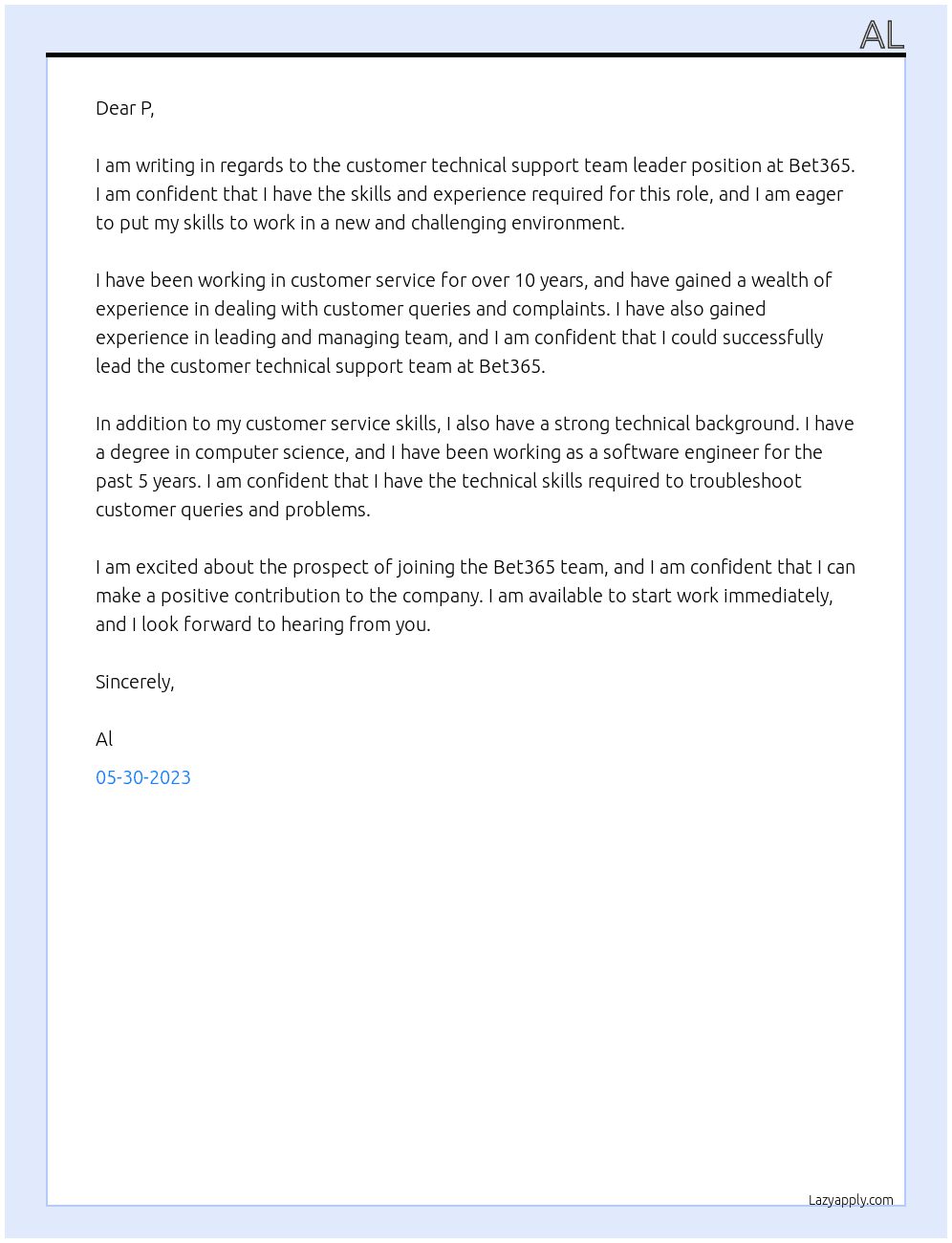 Customer technical support team leader At Bet365 Cover Letter