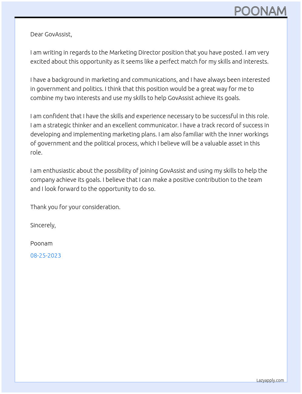 Marketing Director At GovAssist Cover Letter